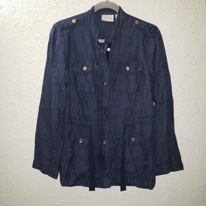 Chico's Sz (0) Small 100% Linen Navy Blue Women's Utility Denim Jacket Full Zip